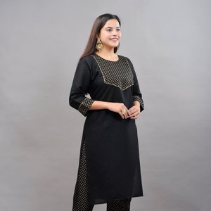 SkyTickFashion™ Indian Style Designer jaipur printed kurta,Rayon Black Embroidery Work Kurti With Pent Set , Gift For Her