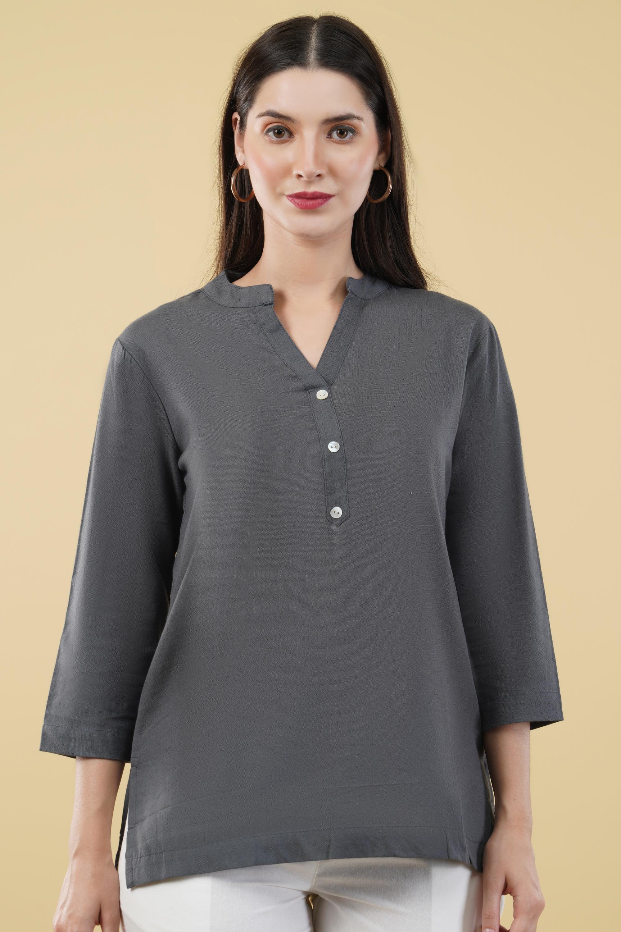 Women Coral Cotton Solid With Work Short Kurti main image 1