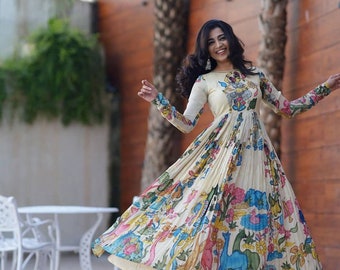 Vestido elegante de color beige con estampado Creep Kalamkari para mujer para bodas y fiestas