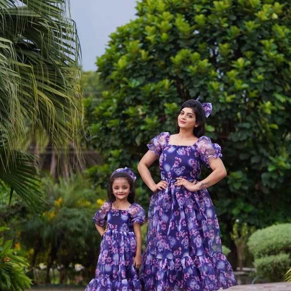 Mother & Daughter Full Sleeve Full Flair Purple Color Organza Trendy Gown Combo