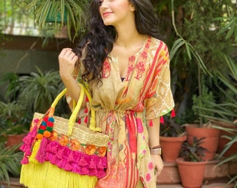 Women Short Colorfully Kaftan With Digital Print on Modal Silk Dress for Wedding and Party Wear