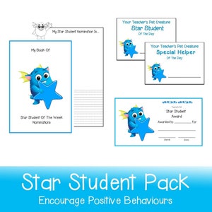 Può includere: Un pacchetto stampabile di certificati e un modulo di nomina per riconoscere gli studenti stella. I certificati presentano un mostro blu che tiene una stella e il testo "La tua creatura domestica dell'insegnante Studente stella del giorno" e "La tua creatura domestica dell'insegnante Aiuto speciale del giorno". Il modulo di nomina presenta un mostro blu che tiene una stella e il testo "Il mio libro di Nomine per lo Studente stella della settimana".