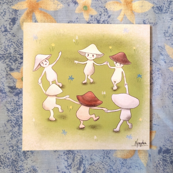 Illustration format carte postale carrée "La ronde des champignons"