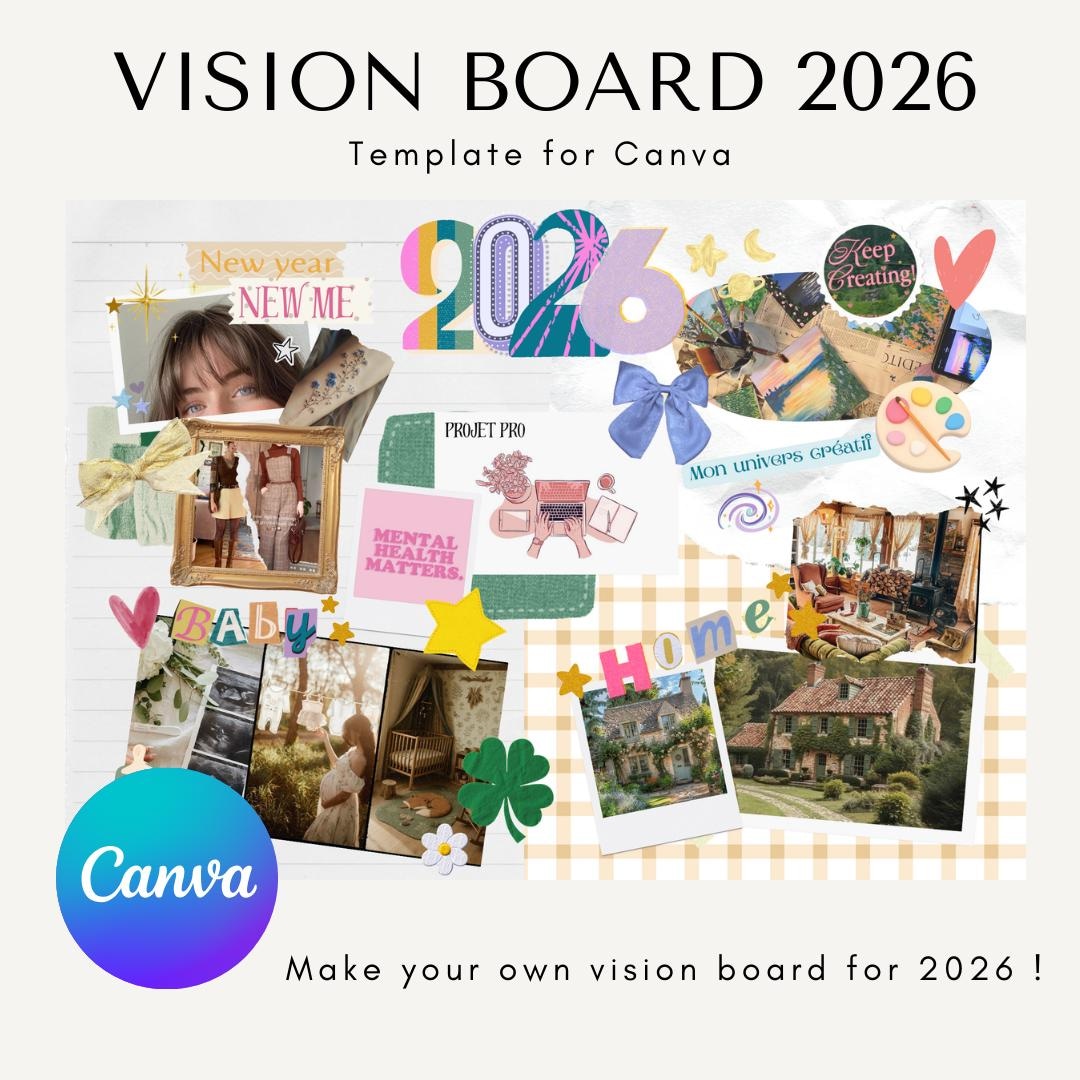 Vision board 2026 Canva Template style scrapbooking editable, scrapbook ...