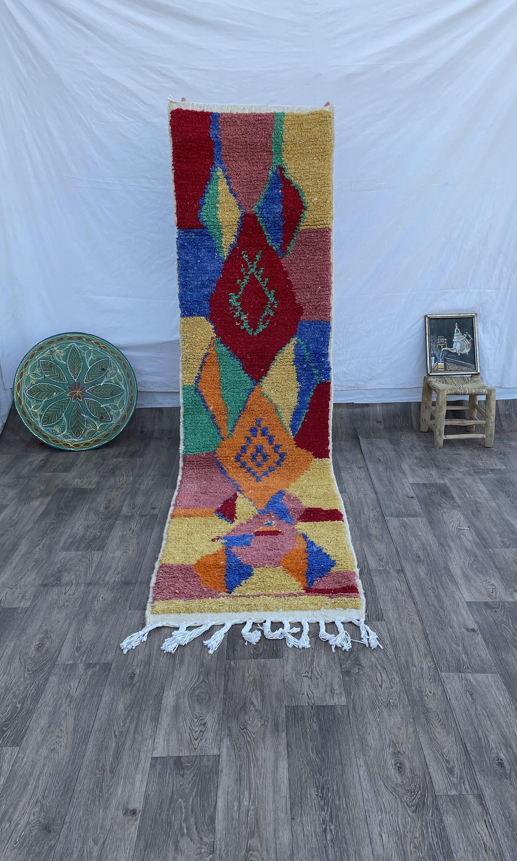 Tapis de passage étroit, passage de tapis de cuisine, tapis tissé à la main, tapis en laine hirsute, tapis de passage berbère, tapis de passage personnalisé, tapis de passage à carreaux