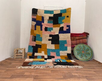 Handwoven Wool Rug: Moroccan Berber Design, Geometric Decor