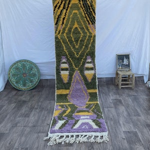 Green Wool Berber Runner Rug: Colorful Moroccan Hallway Carpet