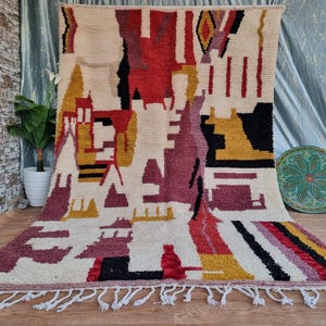 Authentique tapis marocain - Tapis berbère - Tapis marocain costumé - Tapis coloré pour chambre à coucher moderne - Tapis en laine noué à la main - Grand tapis
