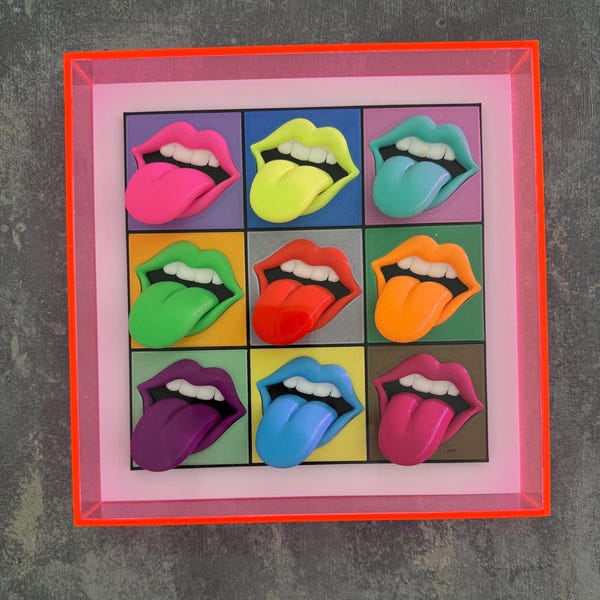 Pop Art - Wall Art, 3D Sculptures, Comic popart, wow, shock comic style, Modern art, neon acrylic frame, TONGUES "Le Malelingue" 25x25