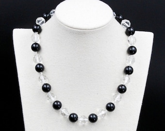 Collana vintage con perline di cristallo sfaccettato in vetro trasparente nero