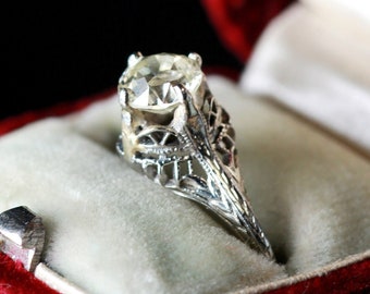 Antique Edwardian Diamond 18K White Gold Filigree Engagement Ring 1 Carat Old European Cut Solitaire Ring Size 6
