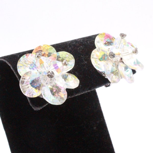Vendome Signed Designer Aurora Borealis AB Crystals Silver Tone Clip Earrings