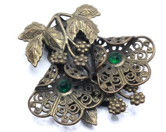 Antique Edwardian Green Glass Filigree Brass Dress Clips