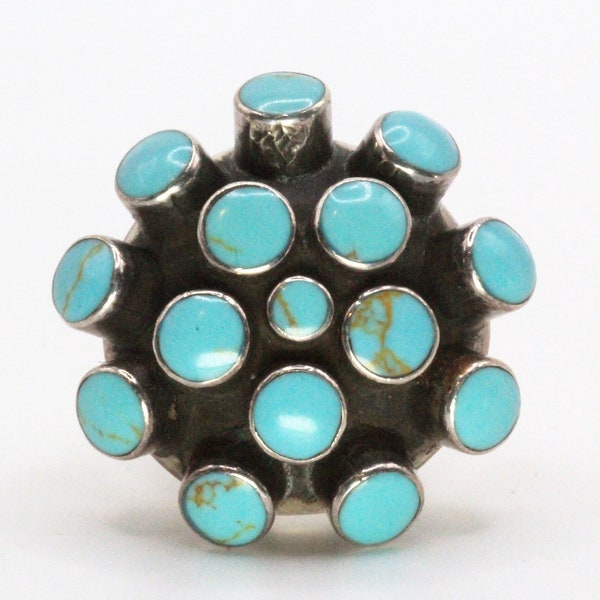 Stamped HOB Mexico Sterling Silver Turquoise Sputnik Modernist Brutalist Ring Sz 7.5