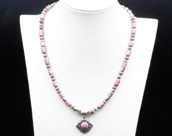 Sterling Silver Southwestern Marked CD Pink Green Agate Necklace