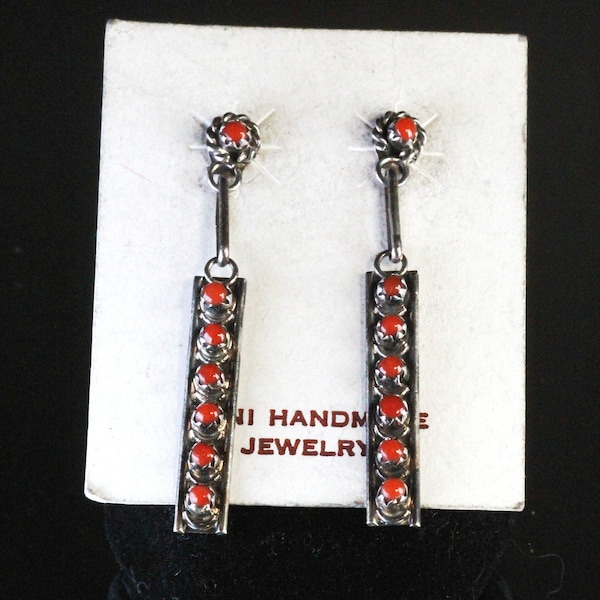 Sterling Silver Zuni Tribe Coral Petit Point Dangle Earrings