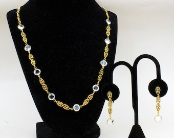 Conjunto de pendientes y collar de cristal con bisel de diseñador sin firmar Goldette