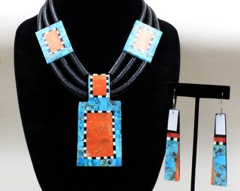 Delbert and Torevia Crespin Santo Domingo Turquoise Sponge Coral Mosaic Necklace  Set