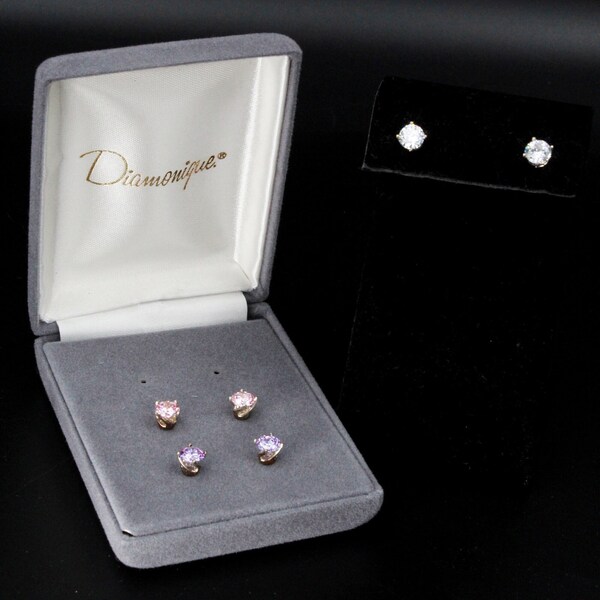 Diamonique QVC Sterling Silver Three (3) Pink Purple White CZ Sets of Earrings