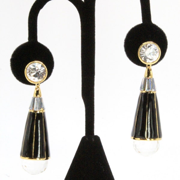 Rachel Zoe Designer Glass Crystal Glass Black Enamel 2" Long Dangle Drop Earrings