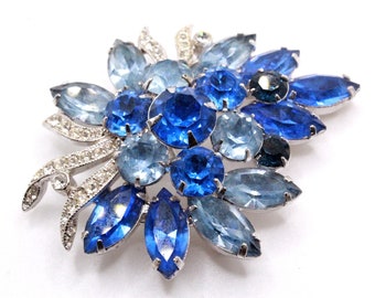 Eisenberg Ice Signed Blue Aqua White Rhinestones Foiled Brooch