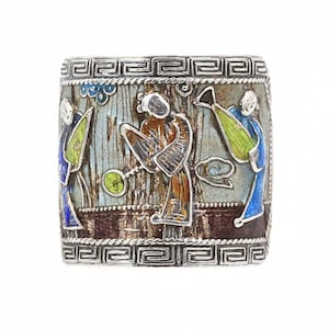 Lovely Sterling Silver Oriental Asian Enamel Etched Storyteller Split Ring Sz 7.75