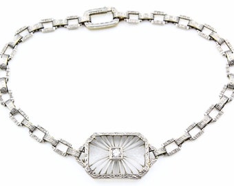 Antique Art Deco Platinum Diamond 18K Gold Frosted Rock Quartz Crystal Bracelet