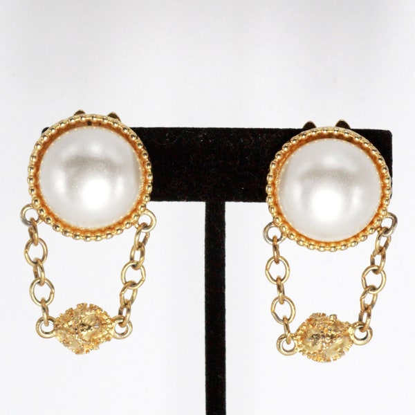 Paolo Gucci Signed Designer Haute Couture Faux Pearl Etruscan Dangle Earrings
