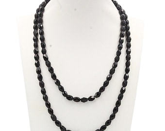 Antique Art Deco Mourning French Jet Black Glass Flapper Long Necklace