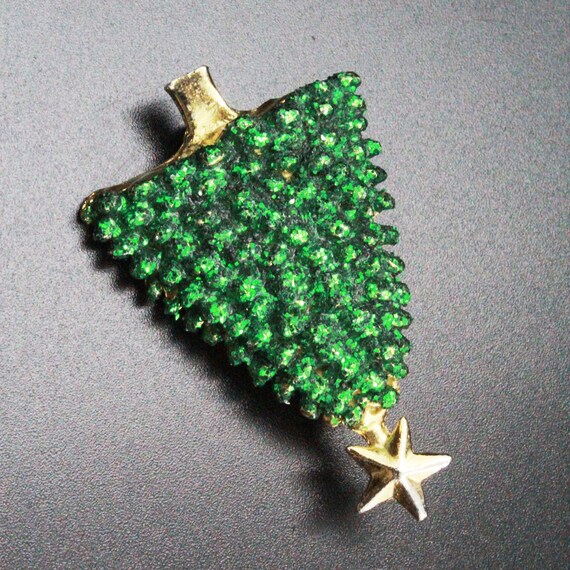 Vintage Holiday Christmas Tree Green Glitter Broo… - image 2