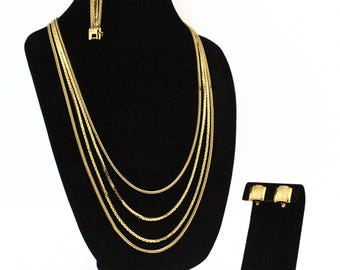 Luxurios Monet Signed Designer Multi-strand Gold Tone Necklace Parure Set