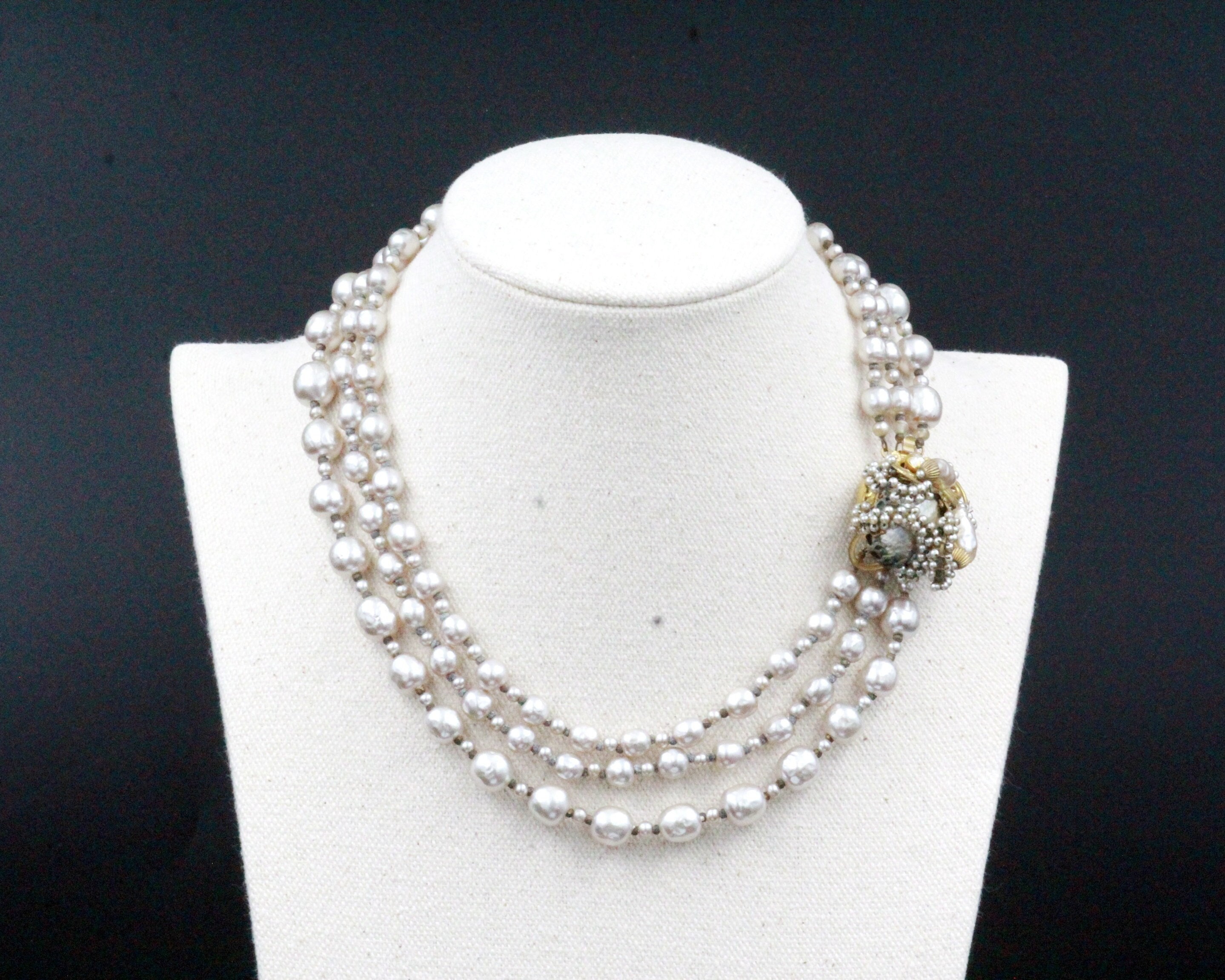 Miriam Haskell Signed Designer Triple Strand Faux Pearl