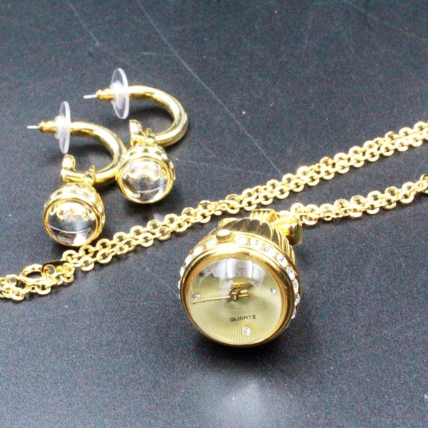 Joan Rivers Signed Designer Lucite Watch Pendant Necklace Earrings Set