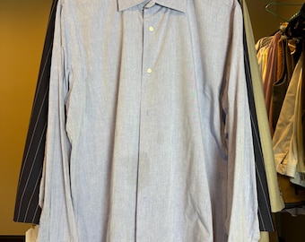 Custom Tailored Designer Solid Light Blue Cotton Button Down Cuff Shirt w/ Initials