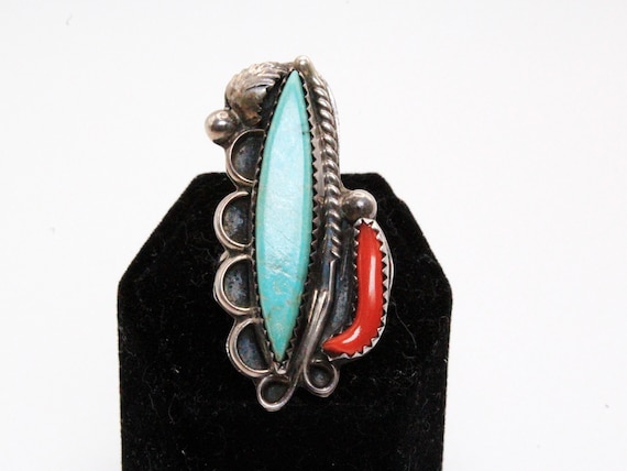 Superior Vintage Native American Navajo Sterling Silver Ring Turquoise Coral Old Superior Vintage Native American Navajo Sterling Silver Ring Turquoise Coral Old