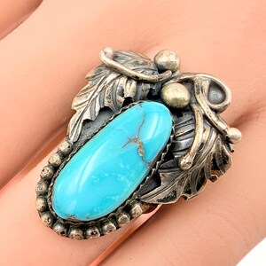 Marked 70's Andre's Sterling Navajo Classic Leaf Sleeping Beauty Turquoise Ring Sz 7