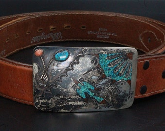 Vintage Sterling Silver Old Navajo Crushed Turquoise Coral Inlay Wrangler Belt