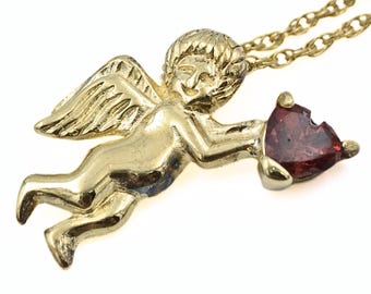 UTC Signed Sterling Silver Vermeil Cherub Angel Garnet NWT Pendant Necklace