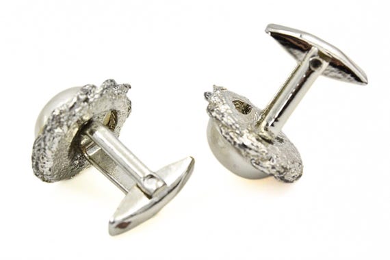 Distinguished White Faux Pearl Silver Tone Textured Cufflinks View 5