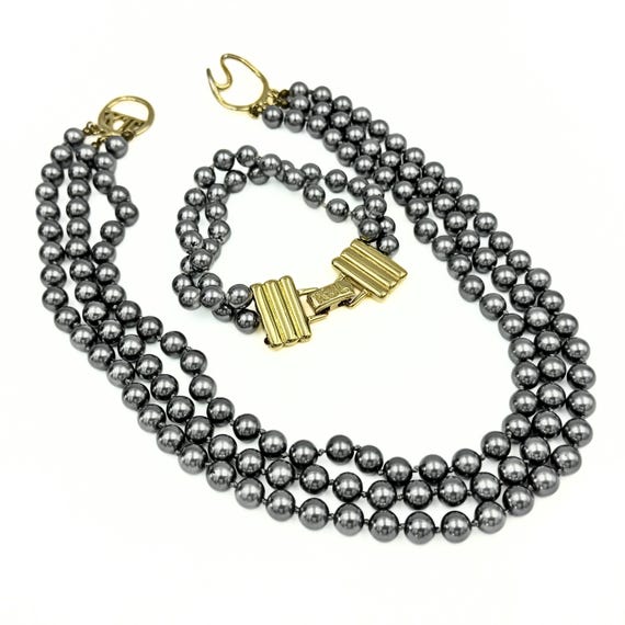 Kenneth Jay Lane KJL Signed 3 Strand Pearl Necklace and Bracelet