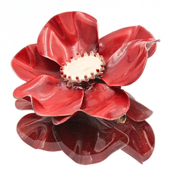 Mystical Coro Unsigned Designer Red Enamel Flower… - image 2