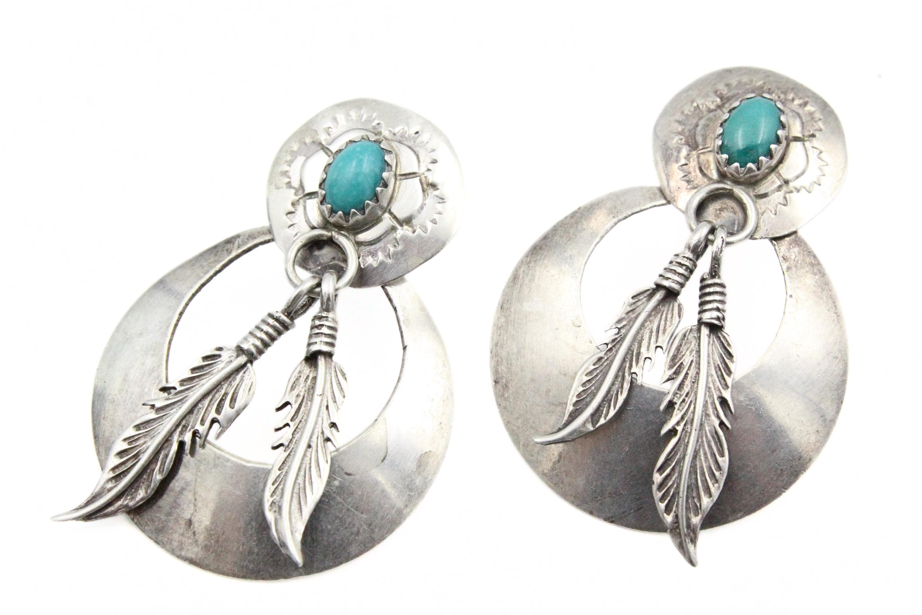 Native American Navajo Sterling Silver Feather Turquoise Concho
