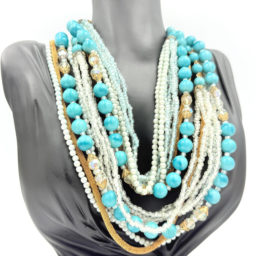 Vintage 60's Torsade Turquoise Resin Glass Beads Stunning Necklace