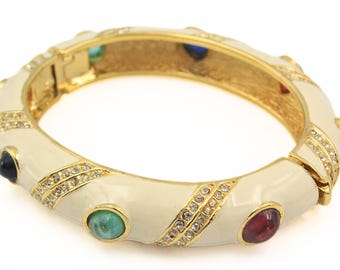 Splendid CINER Signed Designer Poured Glass Gripoix Cab Beige Enamel Hinged Bracelet