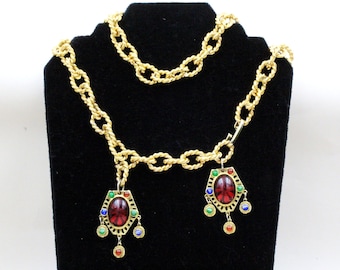 Vintage 70's Acrylic Red Cabochon Multicolor Gold Plate Chain Necklace Belt