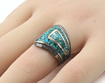 Hermoso anillo de turquesa triturada con lingote navajo antiguo, talla 7