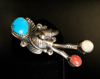 Sterling Silver Navajo Artistic Turquoise Coral MOP Old Pawn Elongated Ring Sz 8