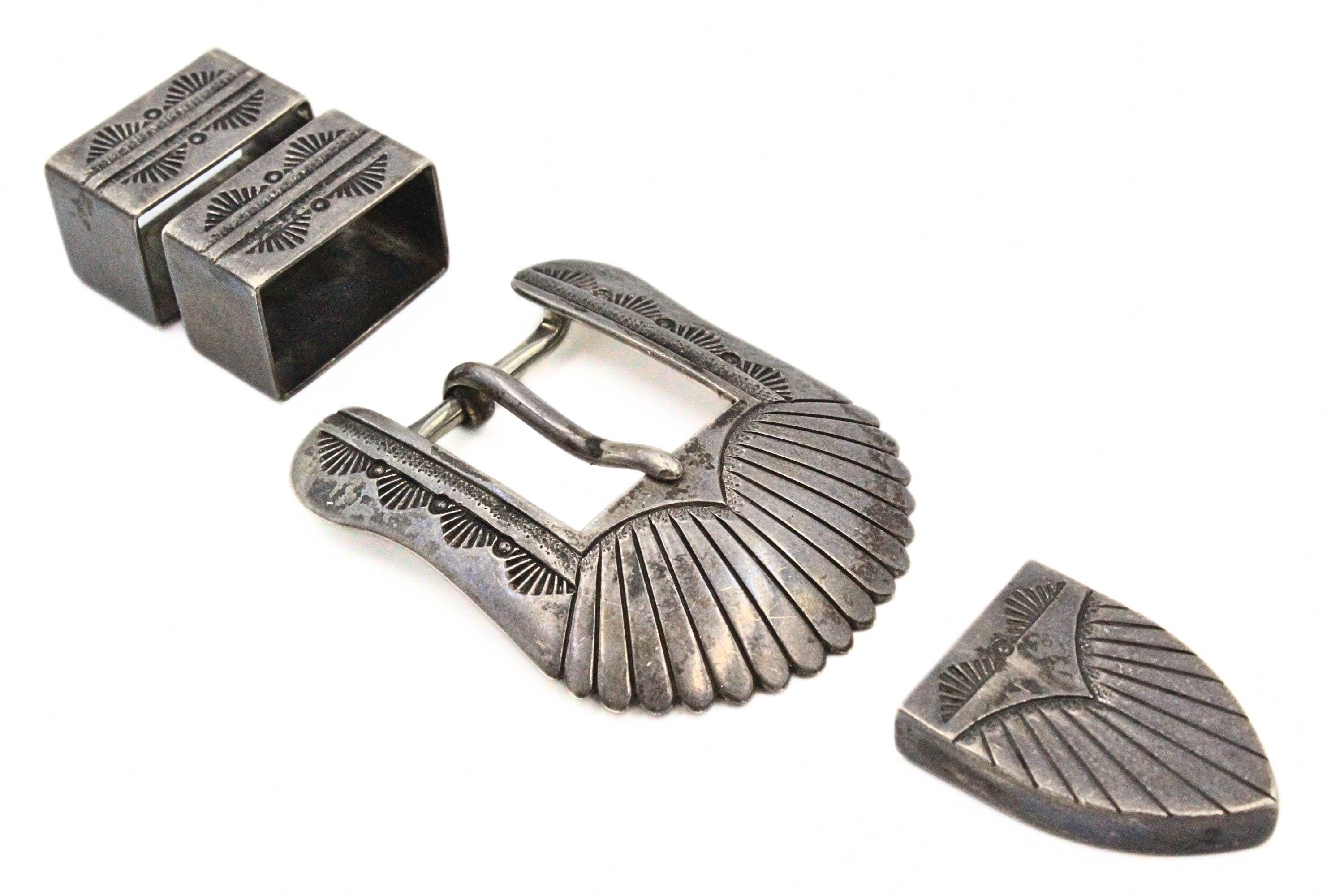 Handsome AL NOBLE Stamped Navajo Sterling Silver Belt Buckle Tips