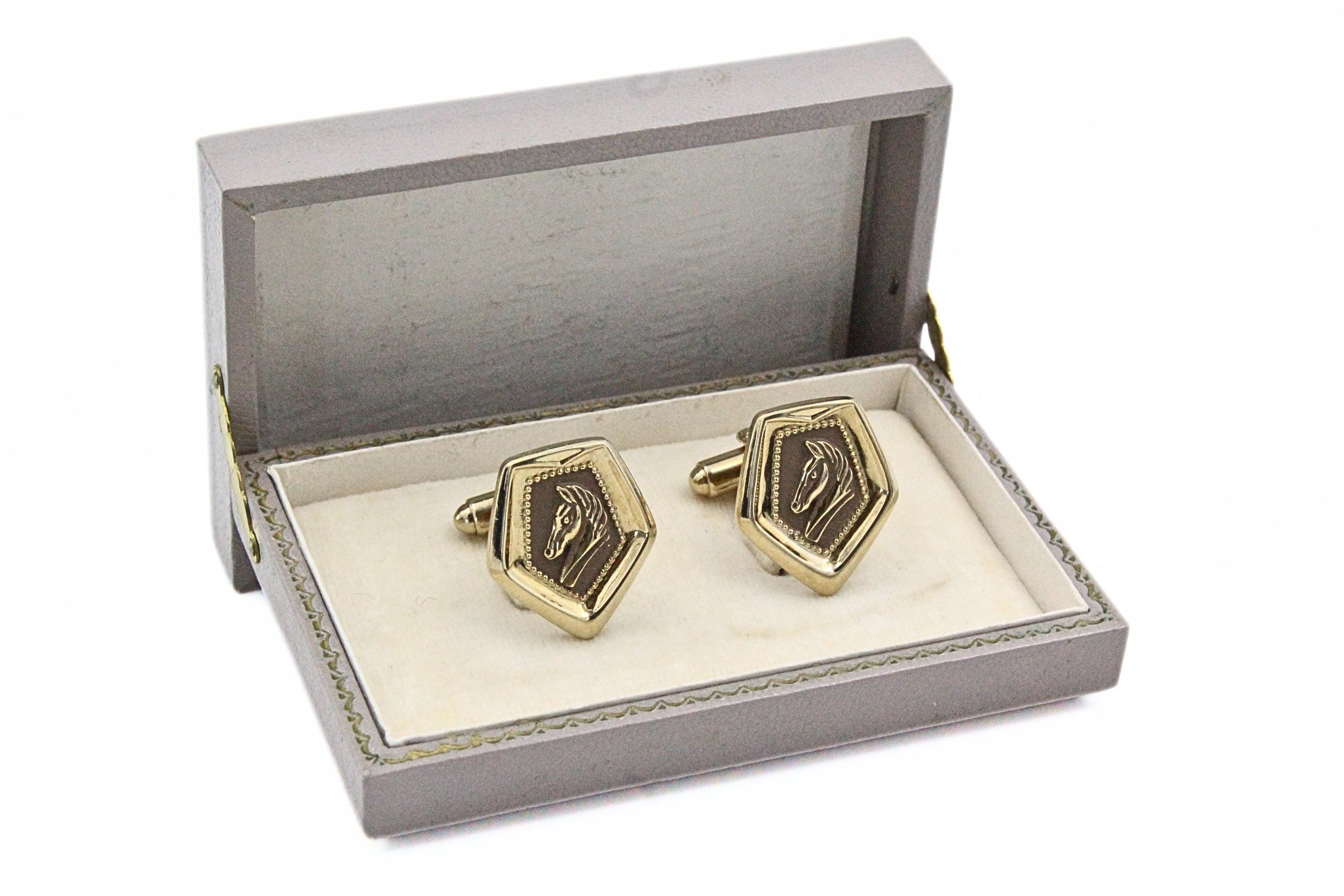 Boutons De Manchette Vintage Plaqué Or — Motif Cheval Cavalier — Bijou Ancien Unique