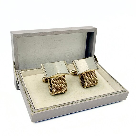 Classical Revival MCM Two Tone Metal Greek Key Mesh Cufflinks